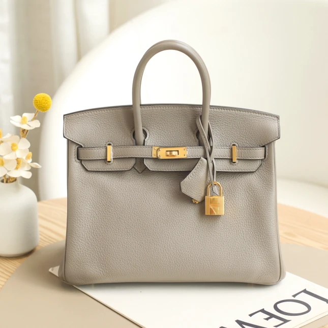 99新 Hermes/爱马仕 Birkin25Y刻TN皮银河灰金扣女士灰色铂金包ZJ