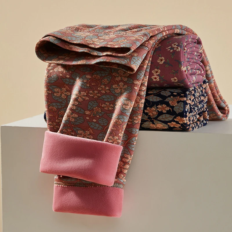 秋冬季中老年妈妈碎花打底裤秋裤冬季加绒保暖裤秋冬保暖高腰