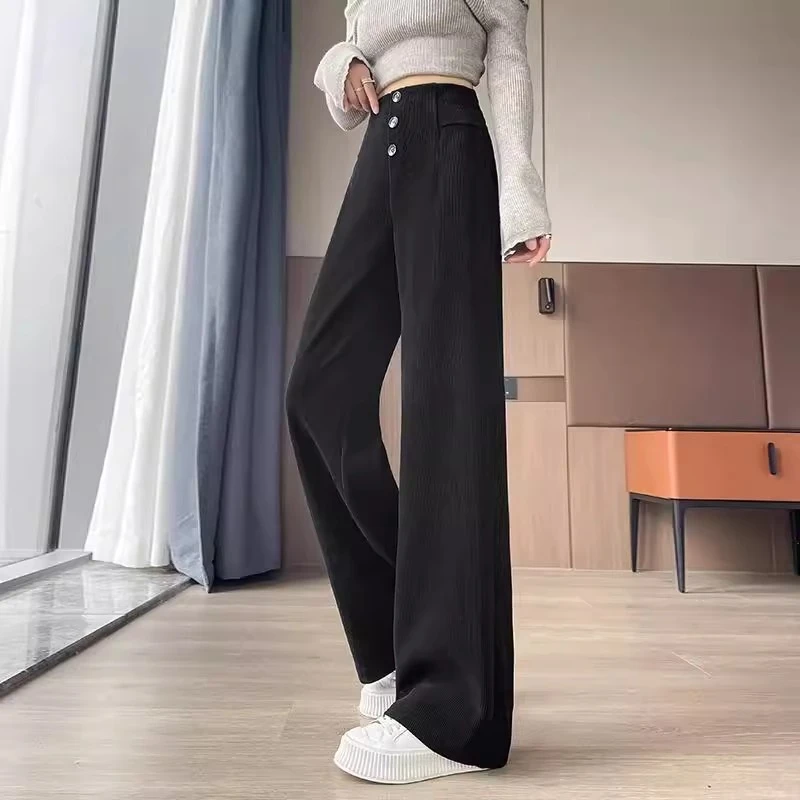 软糯灯芯绒裤子女秋冬雪尼尔糯米裤设计感三粒排扣直筒窄版阔腿裤