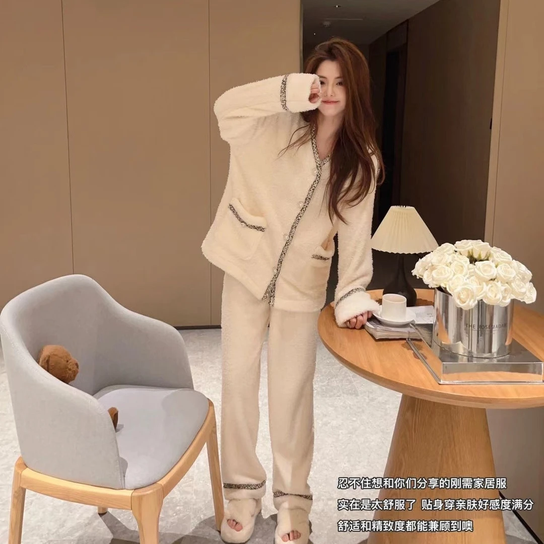 YANPAN/颜畔香香保暖加绒加厚时尚宽松柔软可外穿家居服套装睡衣