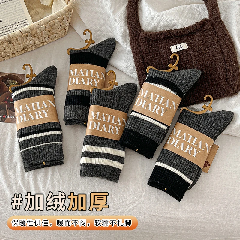 羊毛袜加厚内里磨毛袜灰色袜子女秋冬条纹堆堆袜加绒保暖中筒长袜