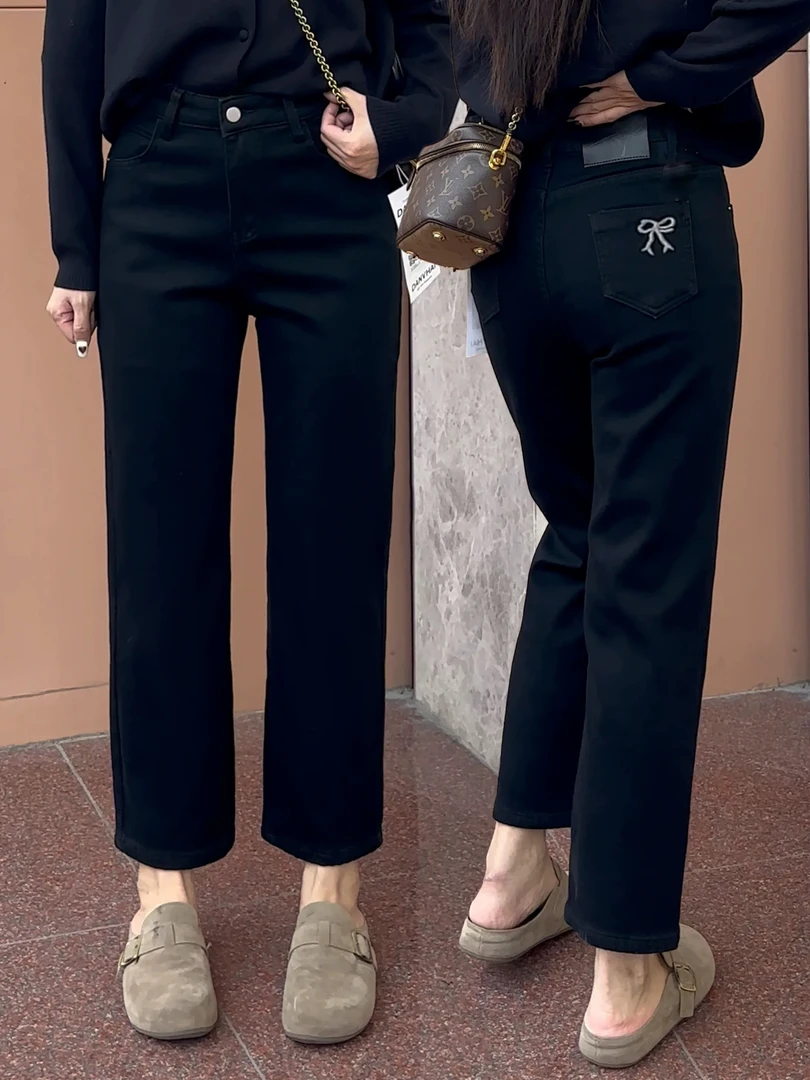 微胖MM大码宽松显瘦梨型身材弹力阔腿裤秋女冬季黑色直筒牛仔裤