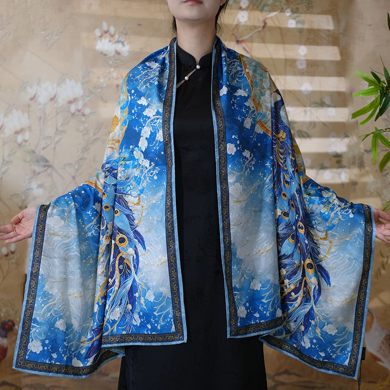 C701【花枝孔雀】70*180龙鳞纹气质长巾复古时尚围巾披肩丝巾女