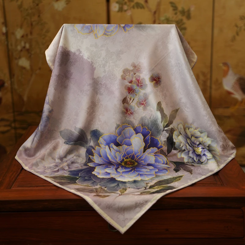 C146【气质牡丹】70*70香云丝巾国风秋冬围巾提花时尚披肩百搭女