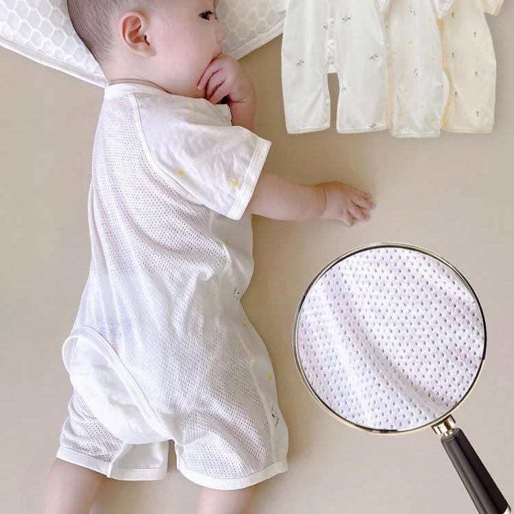 宝宝夏季透气网开档连体衣婴儿纯棉开衫哈衣薄款家居服小童短袖夏