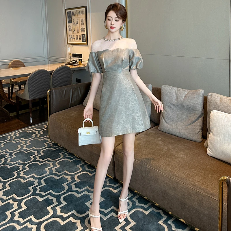 【静香定制】锁骨一字肩微胖气质法式显瘦高腰梨型身材a字短裙21285