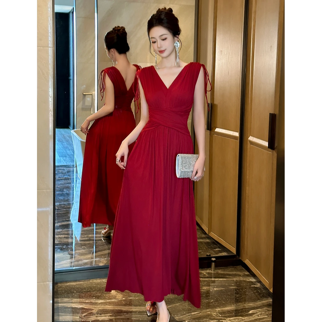 70447连衣裙修身婚礼气质显瘦宴会酒红色收腰性感时尚复古优雅