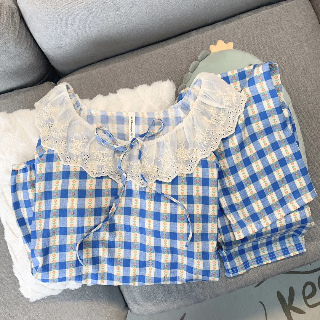 【花边领蓝格子】ins长袖睡衣女春秋季可爱网红风云朵棉家居服套装