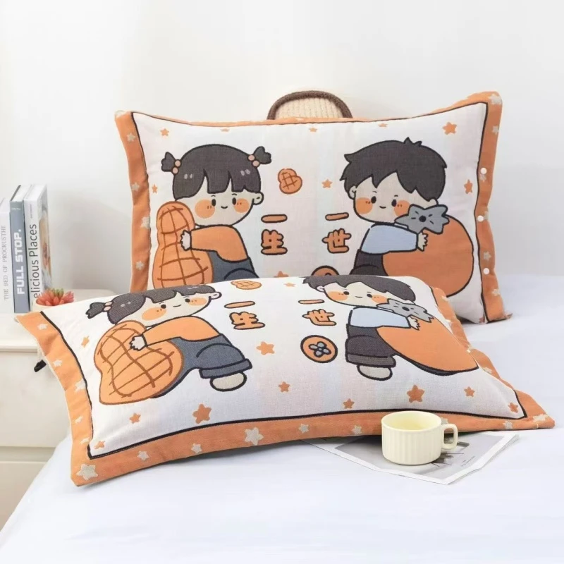 纯棉按扣枕套一对74*48卡通版全棉纱布枕套