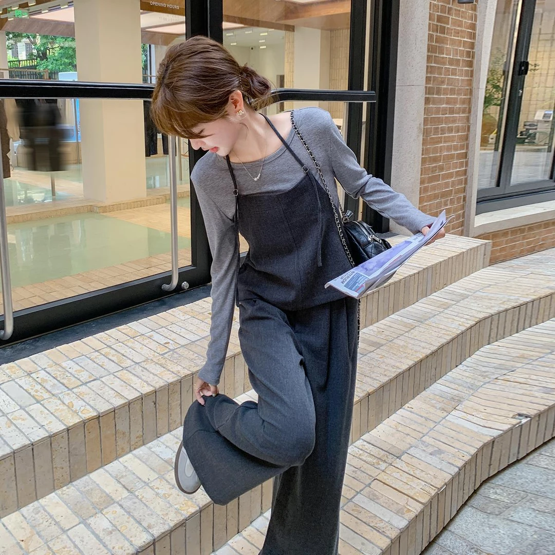 深灰色长袖打底套装春秋女2024新款设计感宽松吊带阔腿裤三件套潮