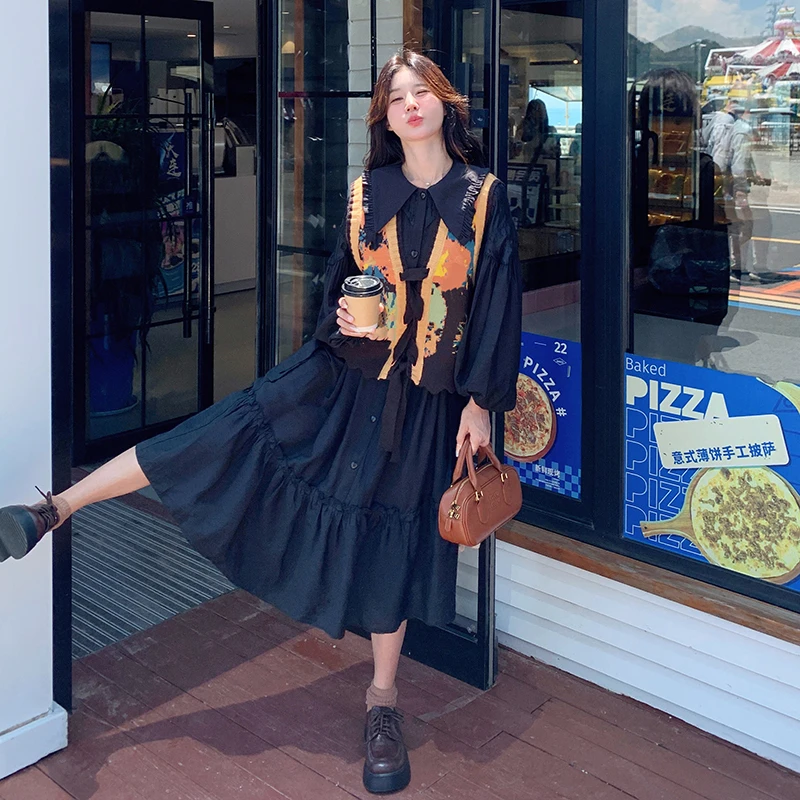 针织马甲套装黑色连衣裙女2024新款秋季穿搭娃娃领宽松裙子两件套