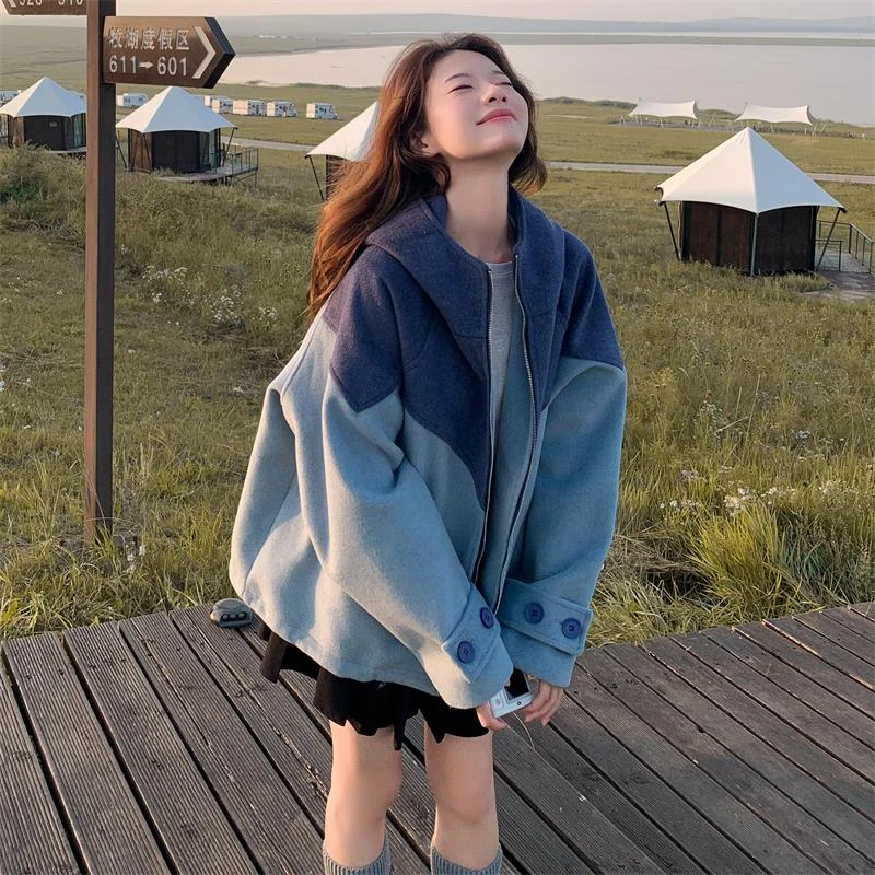 灰蓝色撞色连帽毛呢外套女秋冬2024新款小个子呢大衣流行韩系设计