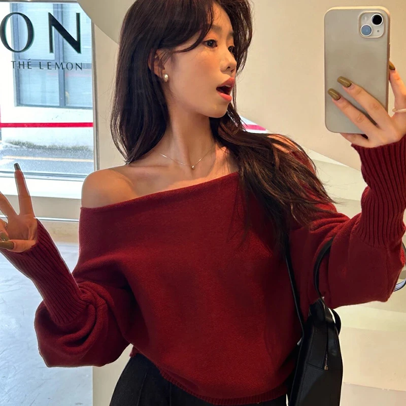 韩系女装一字领露肩软糯毛衣2024秋季新款纯色套头针织衫