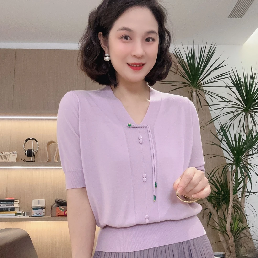 国风V领套头针织短袖夏季百搭休闲时尚气质显瘦#GT7976