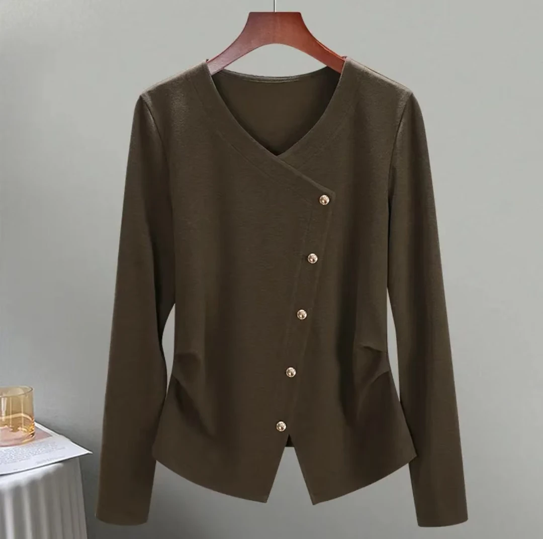2025新长袖咖色百搭设计感新款女装细螺纹气质V领正肩开叉上衣751