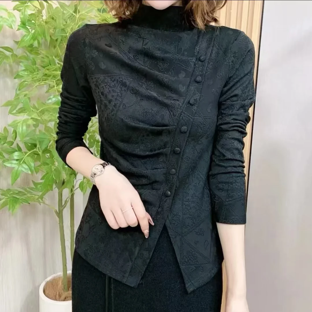 秋冬季黑提花扣子下摆开叉优雅气质修身显瘦洋气时尚女小衫780