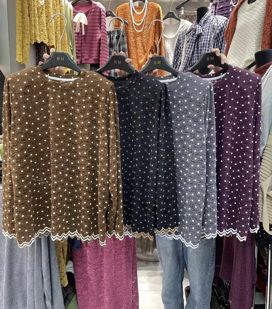 CICI秋冬韩版宽松大码胖mm休闲慵懒风复古【圆领波点】长袖T恤