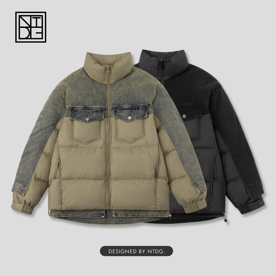 绗缝牛仔拼接立领新国标90白鸭绒面包服男女款羽绒服69632