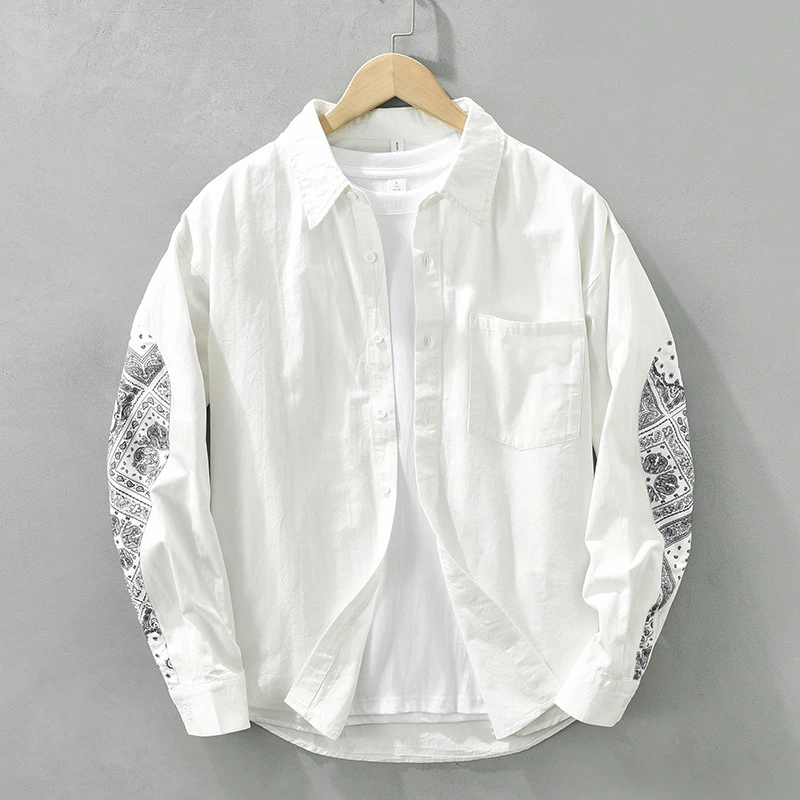 新品6765日系复古印花长袖衬衫男士拼接时尚潮流文艺休闲衬衣