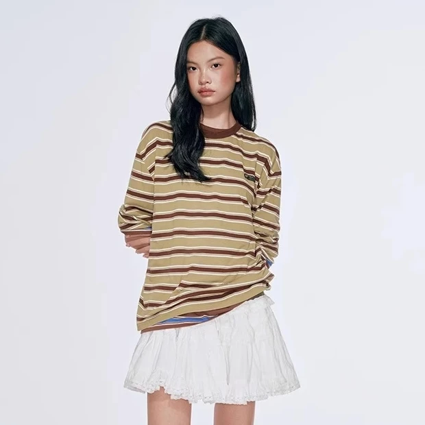 Ahhh 美式复古撞色条纹 圆领长袖T恤