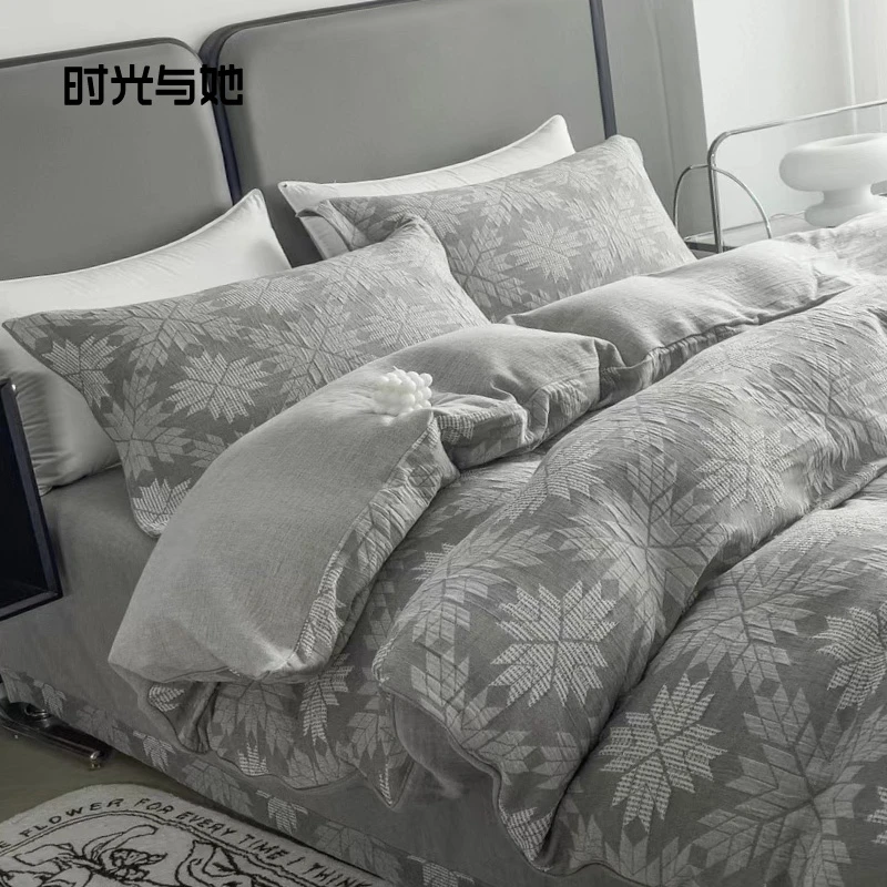 A类丨全棉60支双层纱四件套纯棉色织大提花侘寂风1.8米床上用品