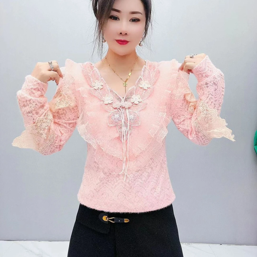 5769时尚百搭长袖女衫修身显瘦遮肚子洋气女士长袖蕾丝衫