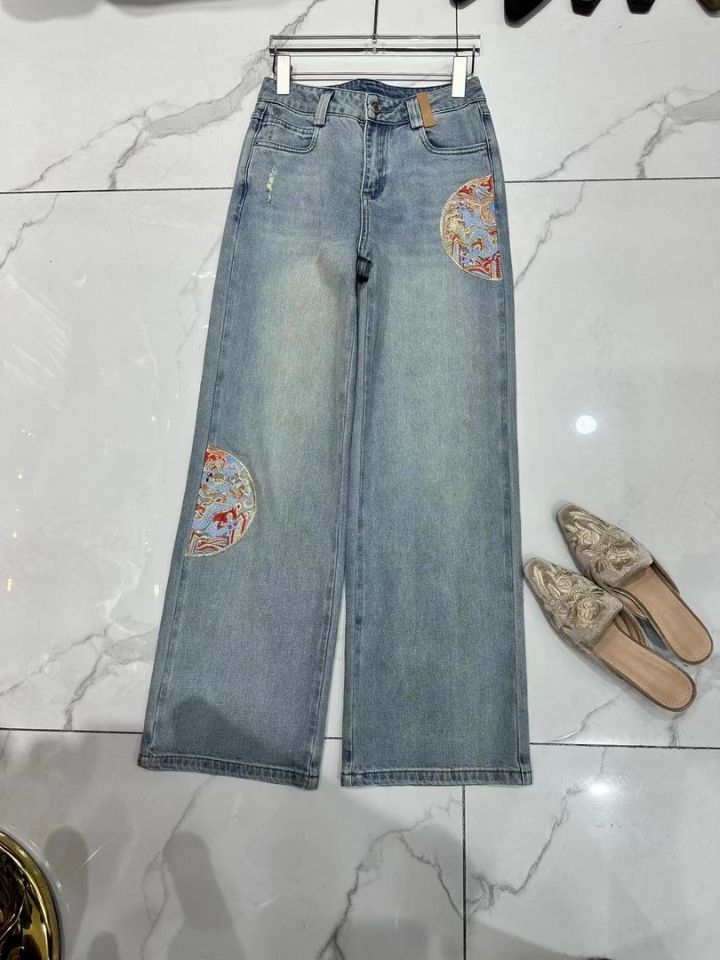 2023春夏新款重工牛仔裤复古高腰宽松长裤时尚百搭