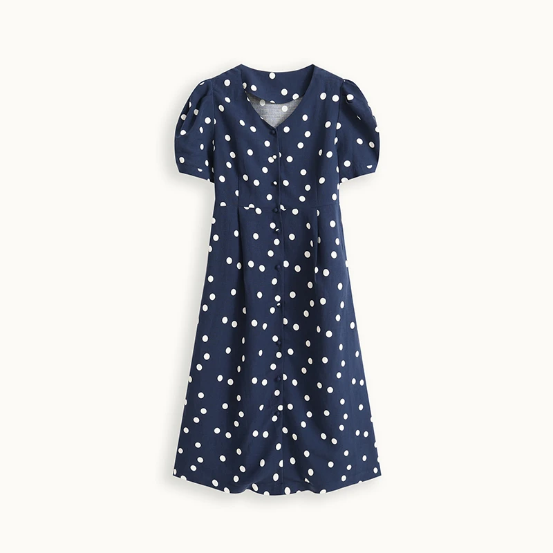 mallcezz/麦呈亚麻V领波点系带收腰双侧口袋连衣裙23BD183