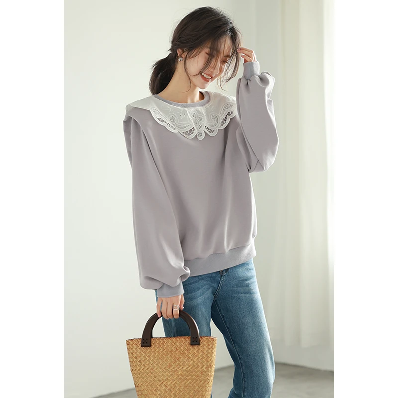 mallcezz/麦呈刺绣圆领花边长袖宽松卫衣22AW002