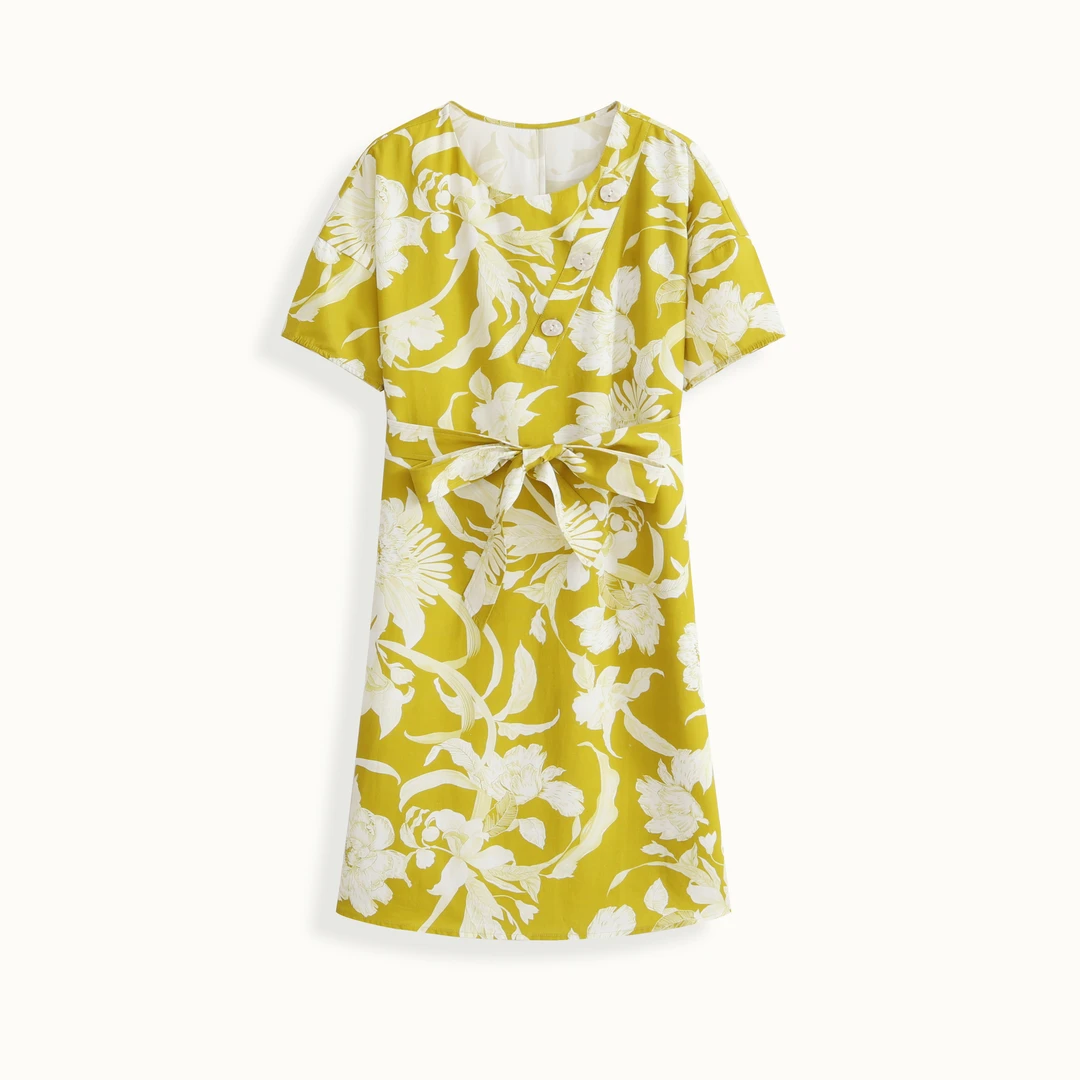 mallcezz/麦呈亚麻系带收腰圆领连衣裙23BD152