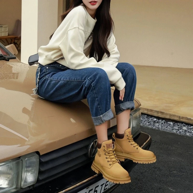 真皮大黄靴英伦风厚底马丁靴女复古短靴秋冬季