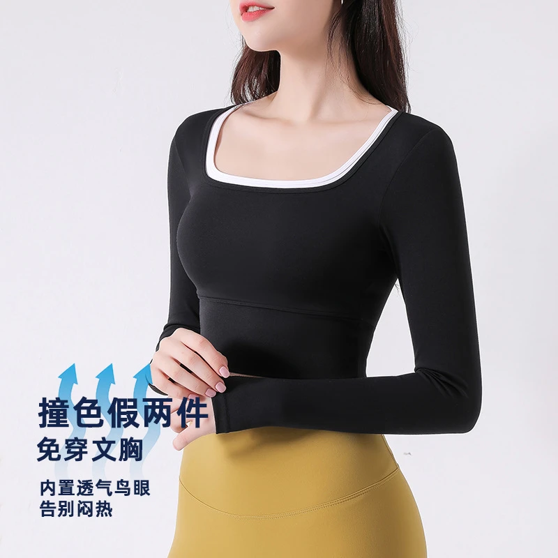 新款美背裸感瑜伽服带胸垫秋冬速干健身服长袖T恤跑步运动外套17