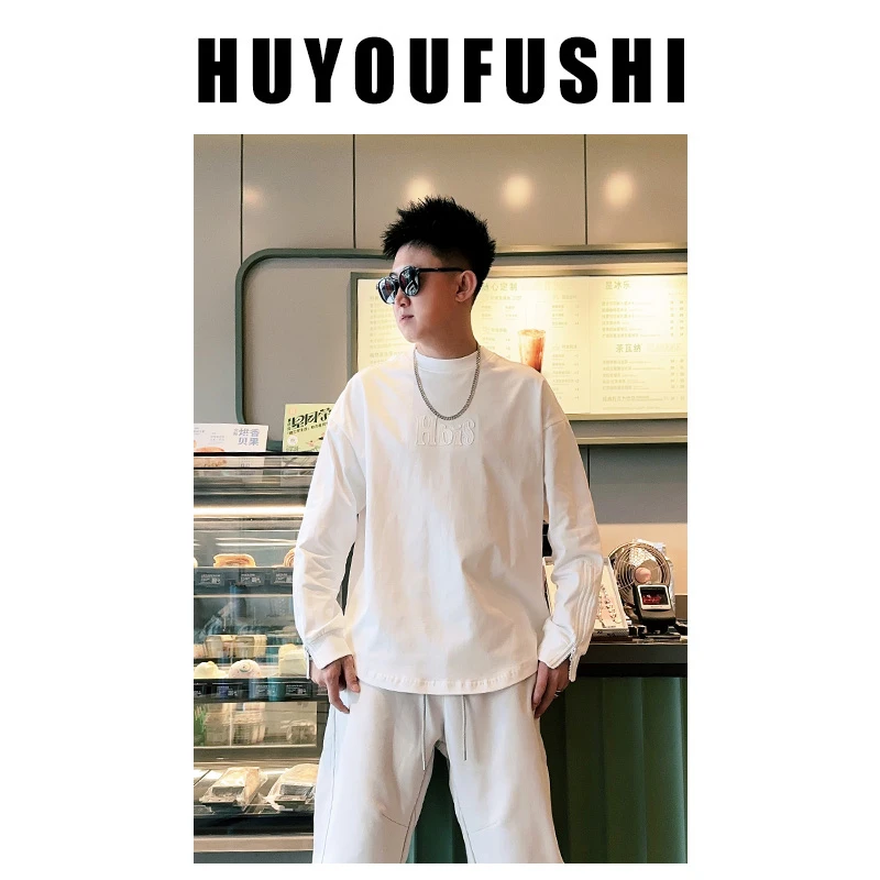 LKT.NINE秋季情侣款宽松潮流长袖T恤男百搭圆领印花袖口拉链卫衣