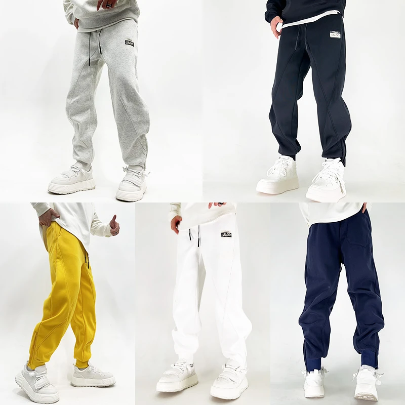 LKT.NINE潮牌宽松加绒休闲卫裤男冬季灰色束脚拉链裤子加厚运动裤