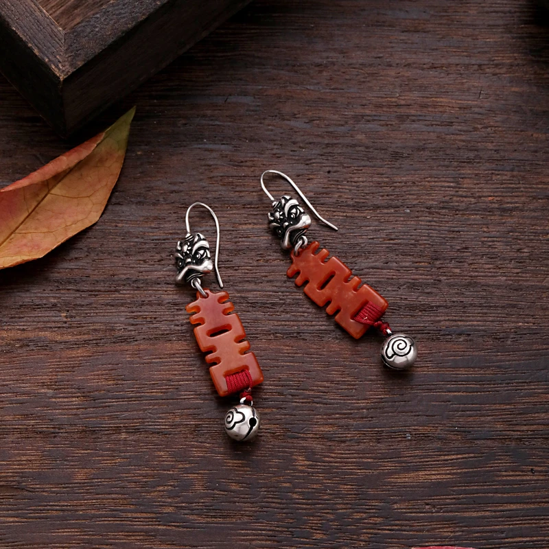 925银耳饰 E25062《春静》 红色喜字醒狮耳环