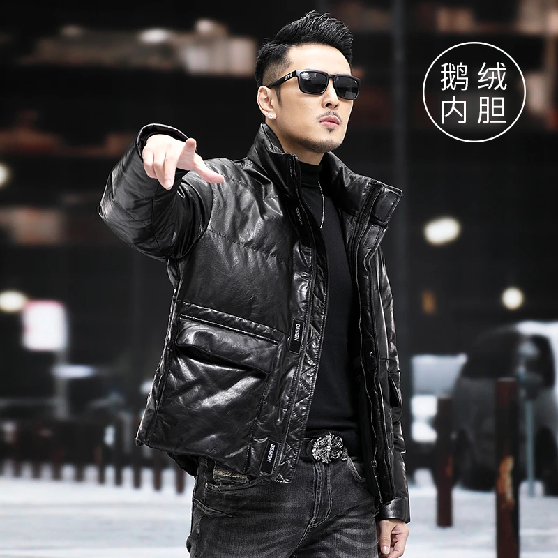 TLBM 真皮皮衣男士鹅绒羽绒服头层山羊皮夹克宽松阔版落肩袖外套
