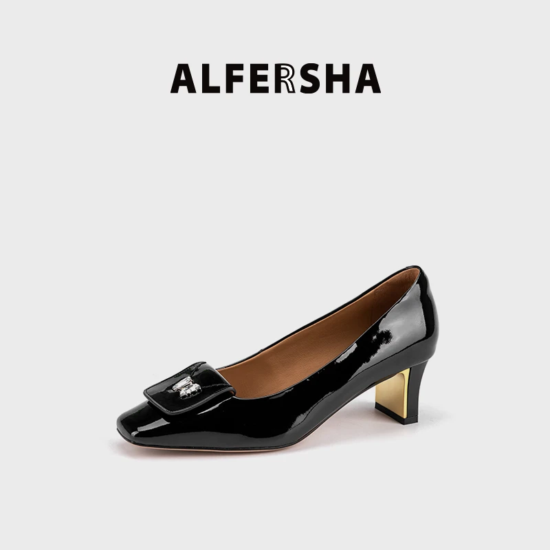 阿芙莎联名款3320685新款时尚百搭舒适单鞋一字跟方头高跟鞋