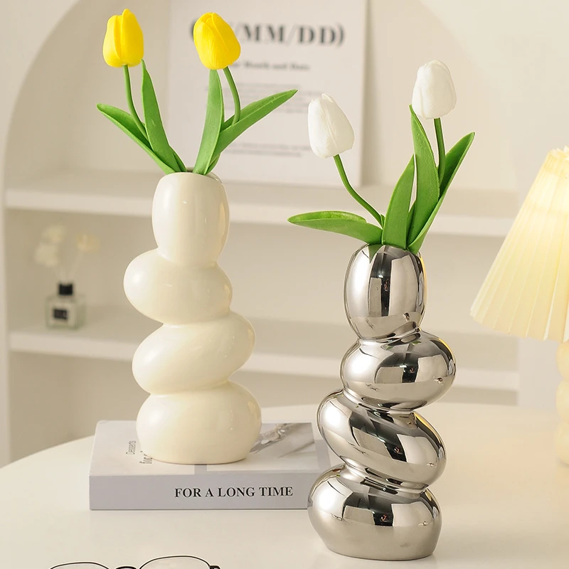 现代简约ins风陶瓷鹅卵石花瓶装饰摆件创意轻奢客厅床头玄关