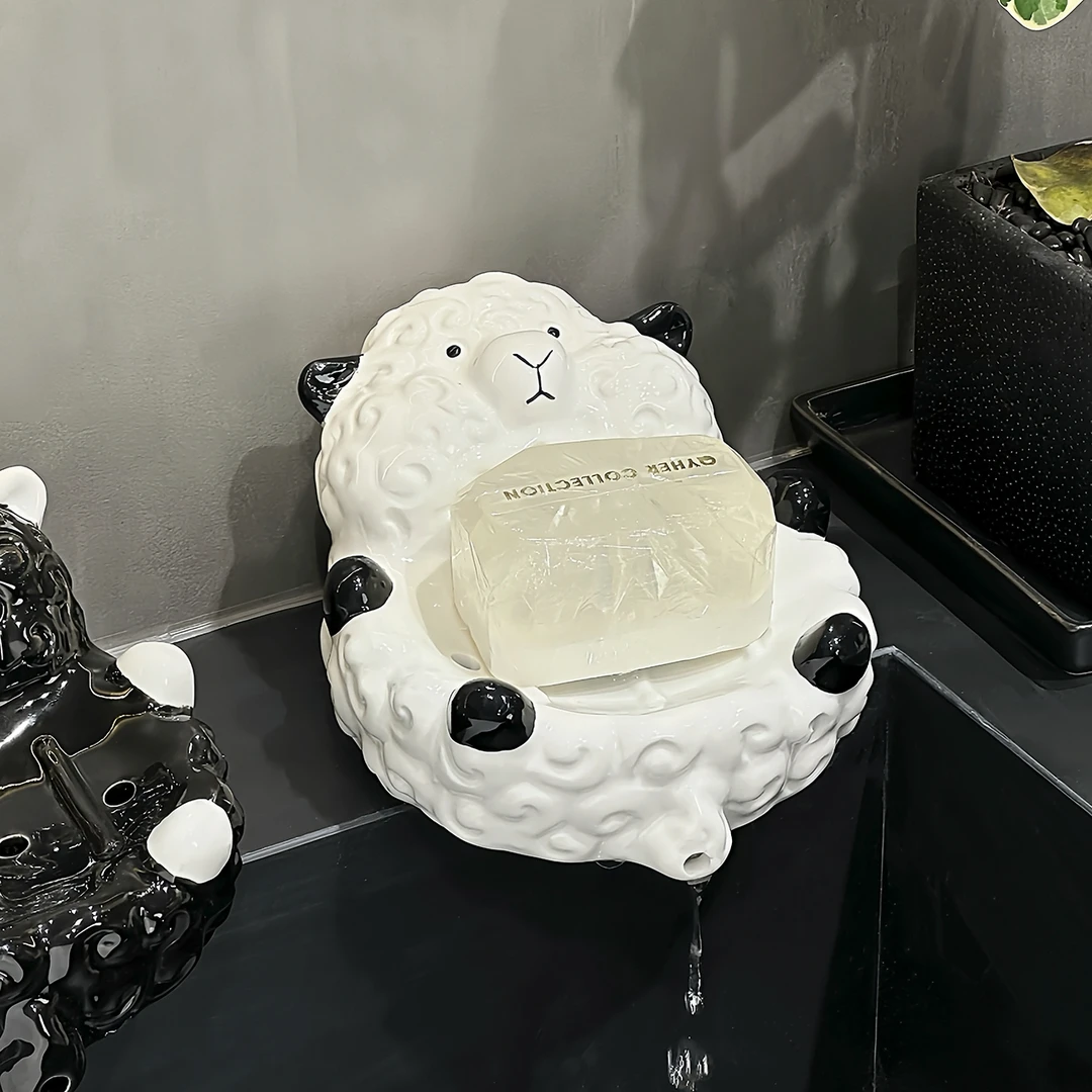 轻奢创意陶瓷沥水小羊肥皂盒家用免打孔香皂盒台面排水卫生间皂碟