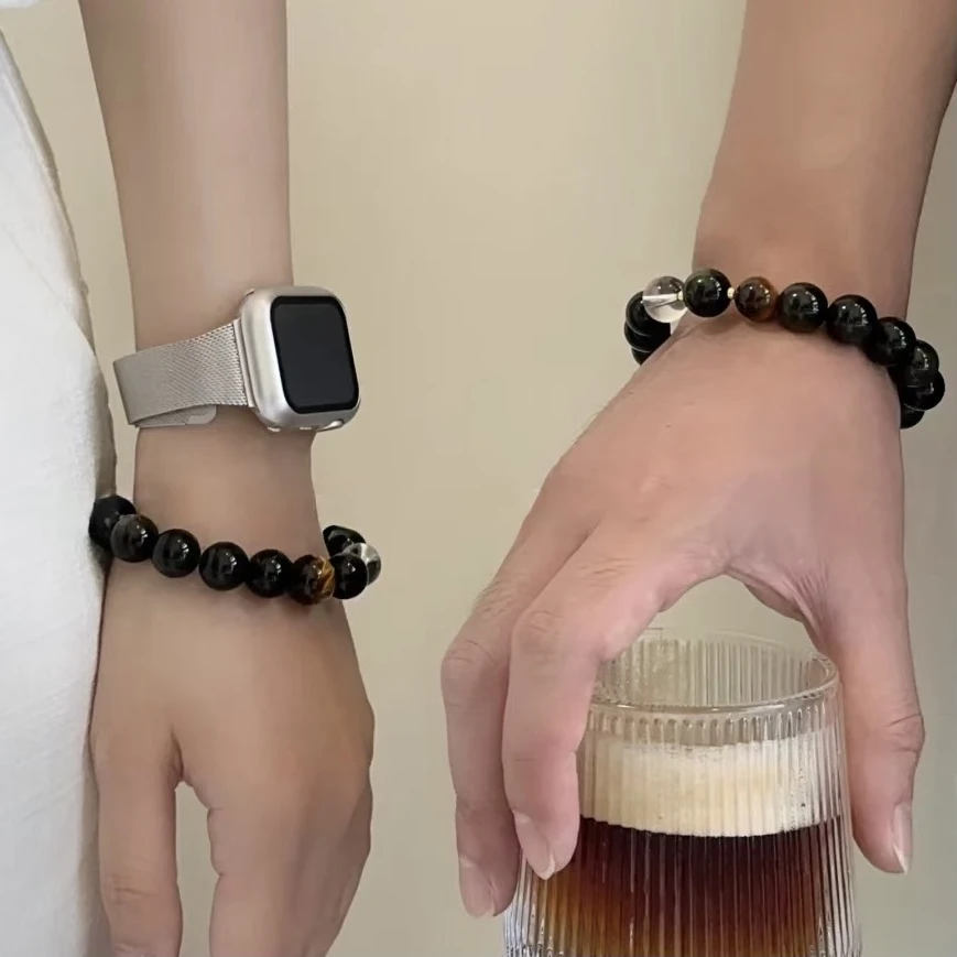 【瑾椿】天然黑曜石搭配虎眼石手串男女简约款 HY019