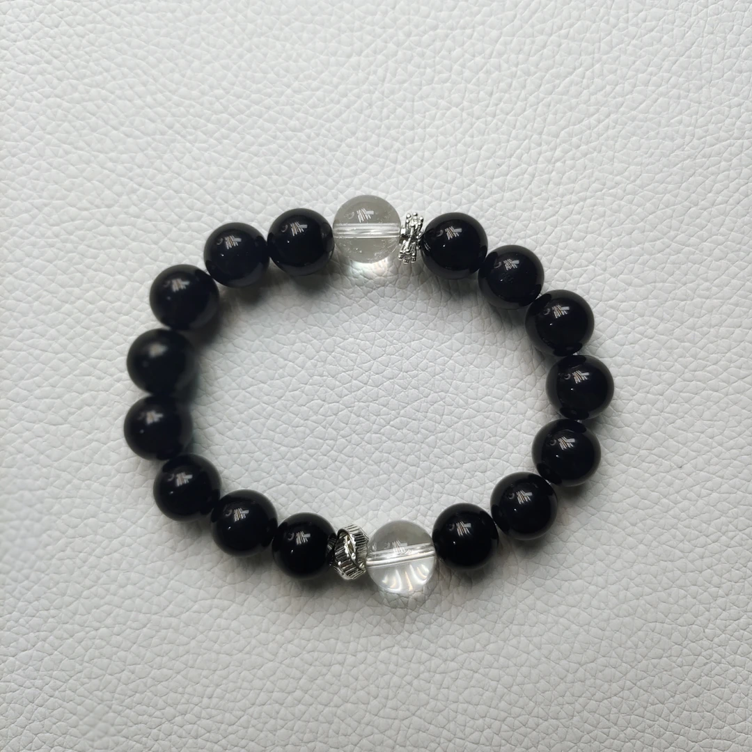 【瑾椿】天然黑曜石搭白水晶单圈10mm HY123