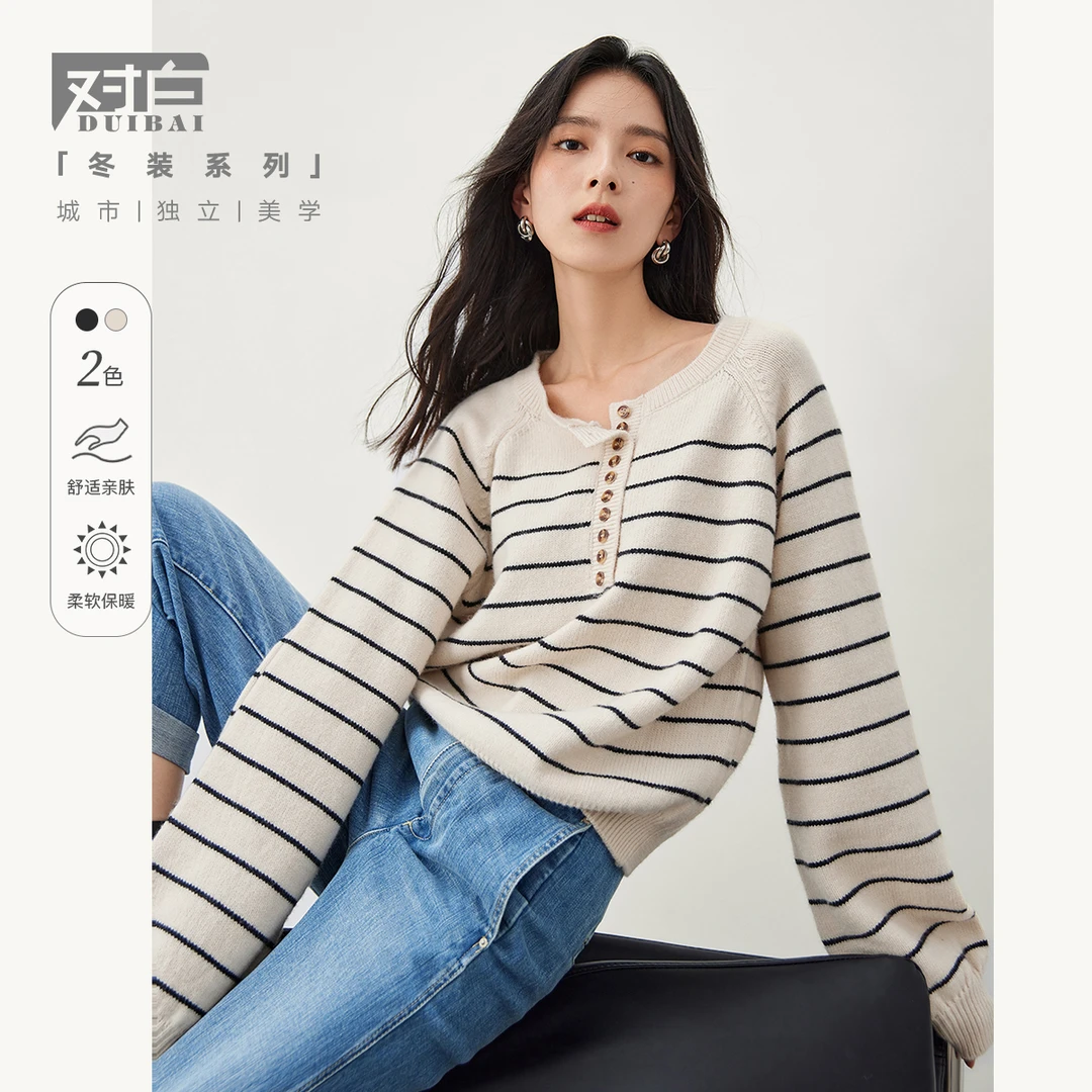 D01对白宽松圆领北欧风软糯条纹毛衣减龄复古插肩袖上衣CDE091