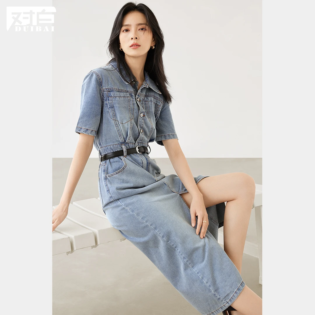 【黛一专属】D01对白复古减龄短袖牛仔连衣裙女衬衫裙子EDQ040