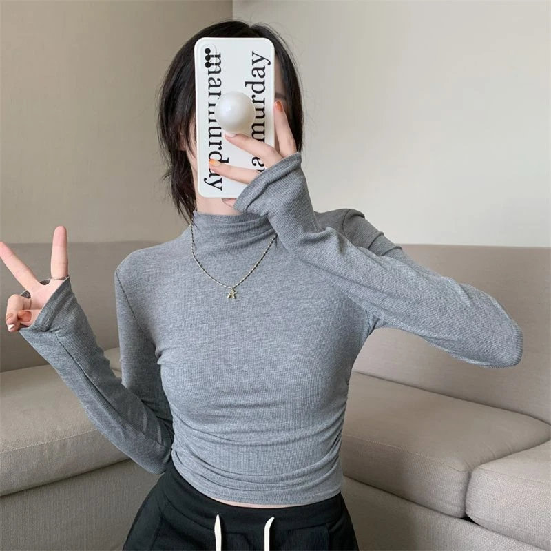 半高领灰色内搭长袖T恤女秋冬季新款修身褶皱辣妹休闲打底衫上衣
