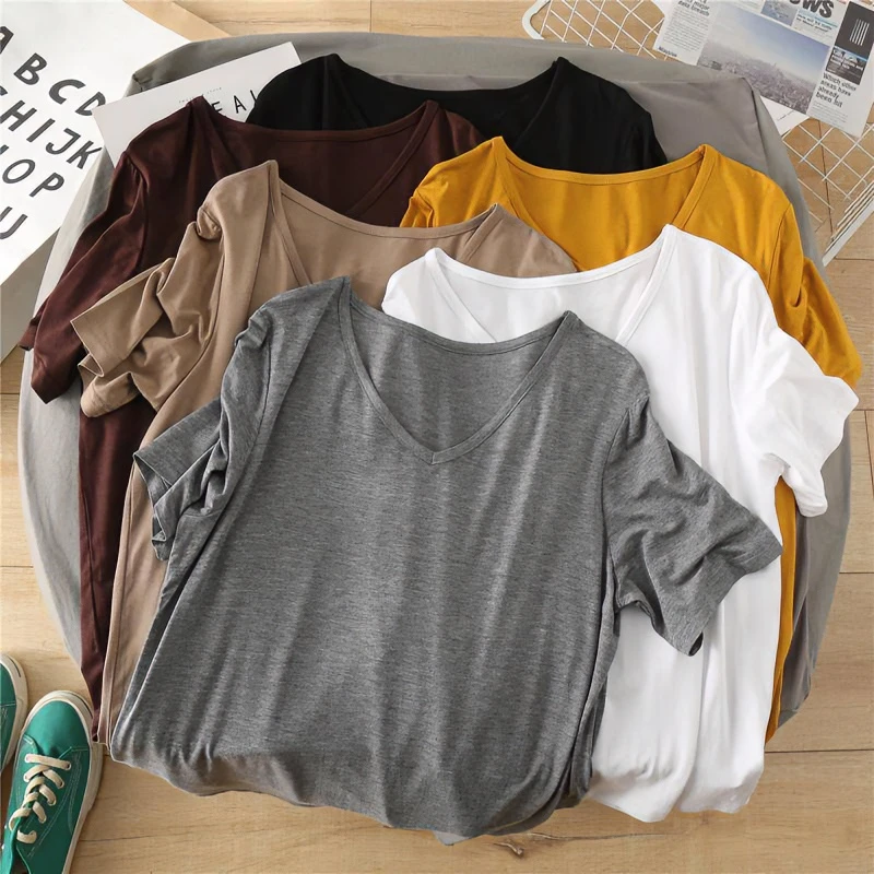 2025新款莫代尔冰丝凉爽纯色V领宽松显瘦短袖T恤女打底衫薄款上衣