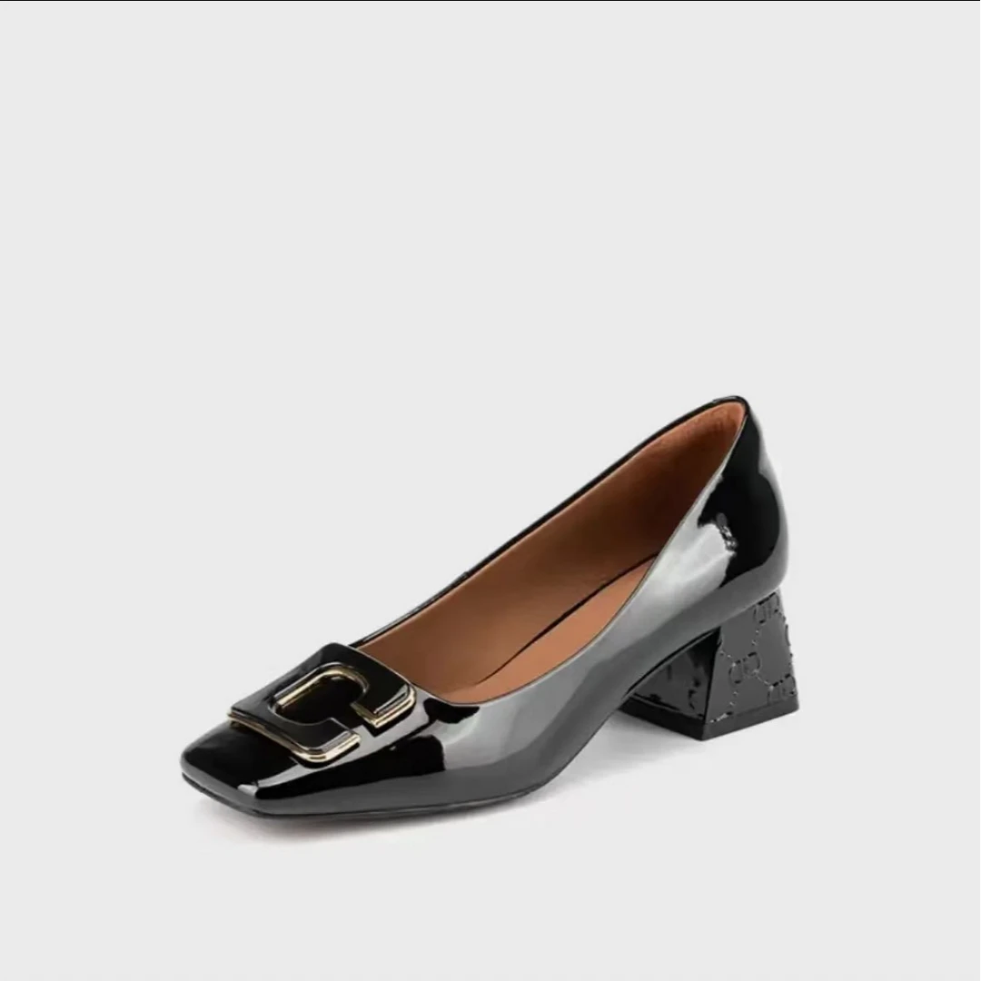 20593-方头气质小皮鞋女2024夏季新款复古浅口一脚蹬粗跟单鞋