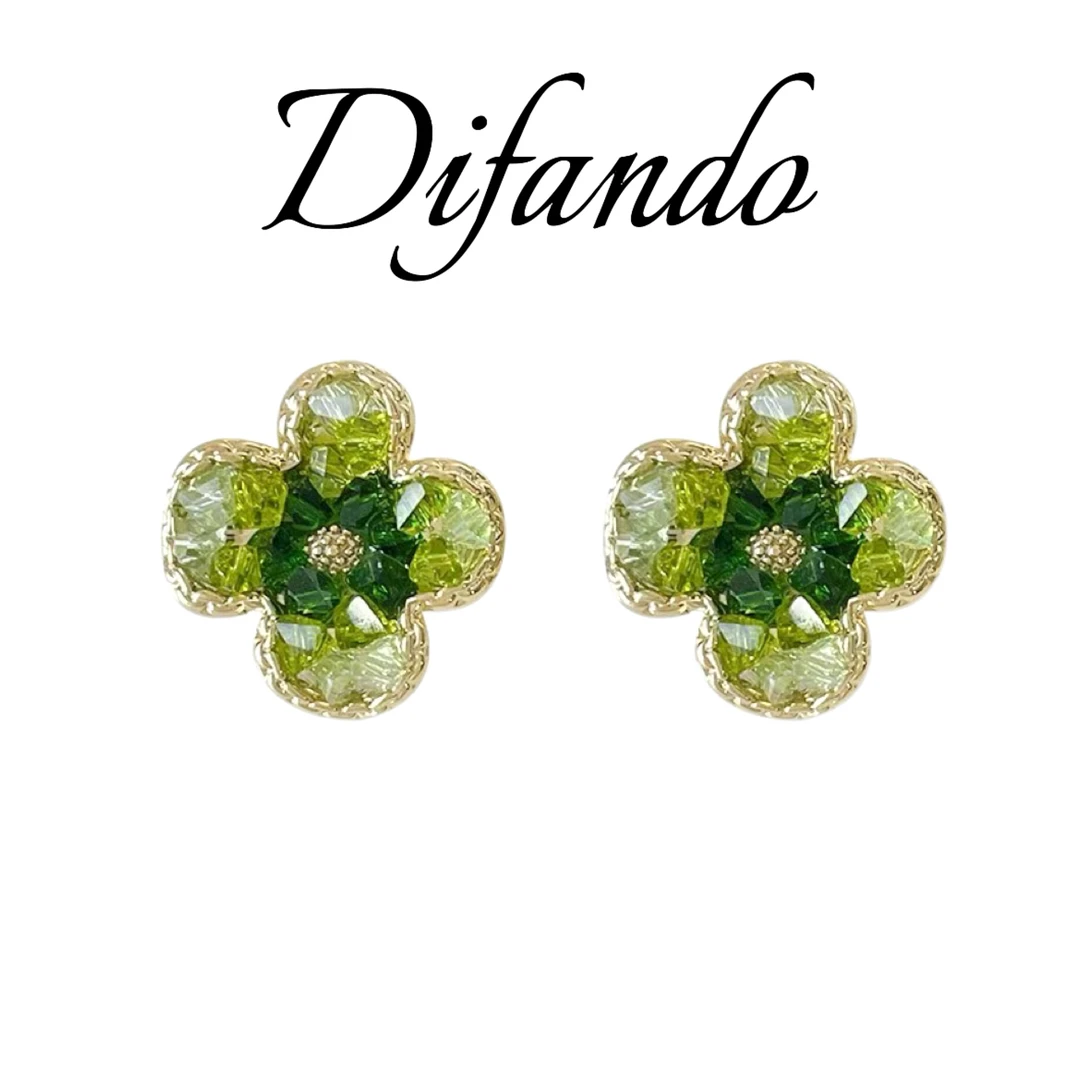 铜合金合成锆石耳饰 DIFANDO轻奢绿色四叶花女士耳环E058