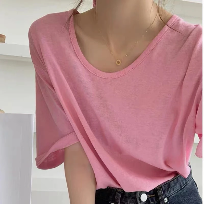 粉色大领口锁骨t恤女宽松打底衫短袖设计感小众上衣ins潮A4-18