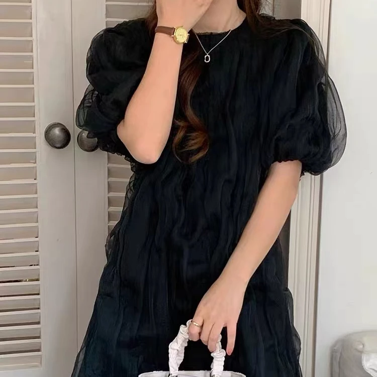 法式气质女神范连衣裙温柔圆领网纱泡泡袖褶皱小个子时髦A11-13