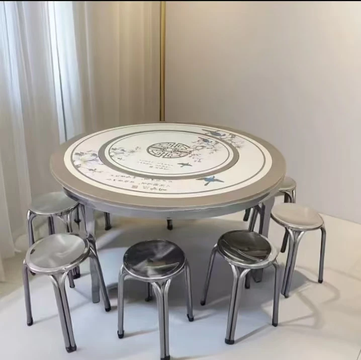 不锈钢内置转盘餐桌家用酒店简约轻奢中式餐厅饭店旋转吃饭桌子